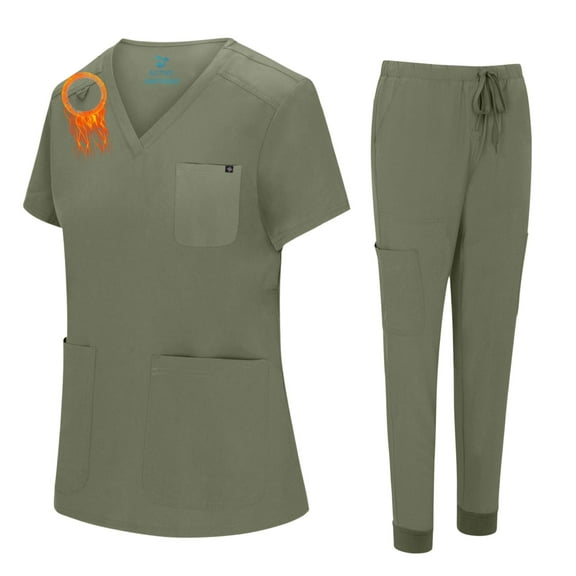 ACTIVE UNIFORMS Women's Essential Jogger Scrub Set Nursing Uniform 10 Pockets Stretch Scrub Top and Pant (Olive, 3X-Large)