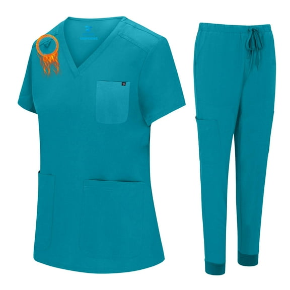 ACTIVE UNIFORMS Women's Essential Jogger Scrub Set Nursing Uniform 10 Pockets Stretch Scrub Top and Pant (Teal, X-Small)