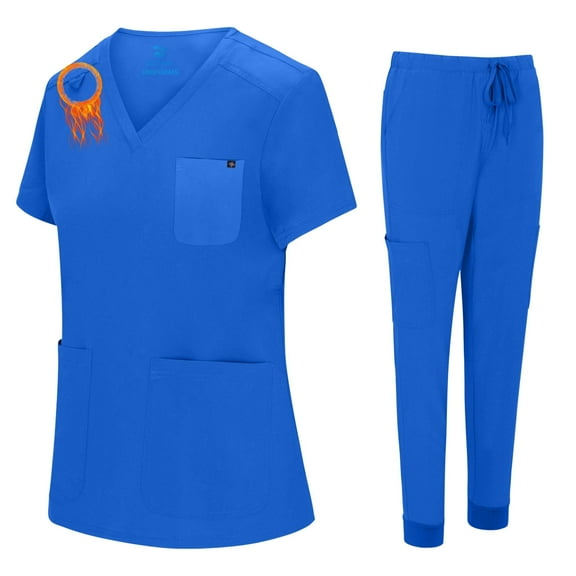 ACTIVE UNIFORMS Women's Essential Jogger Scrub Set Nursing Uniform 10 Pockets Stretch Scrub Top and Pant (True Royal Blue, Large)