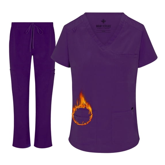 ACTIVE UNIFORMS Women's Stretch Scrub Set 11 Pocket Cargo Medical Scrub Top and Pants (Eggplant, X-Small)