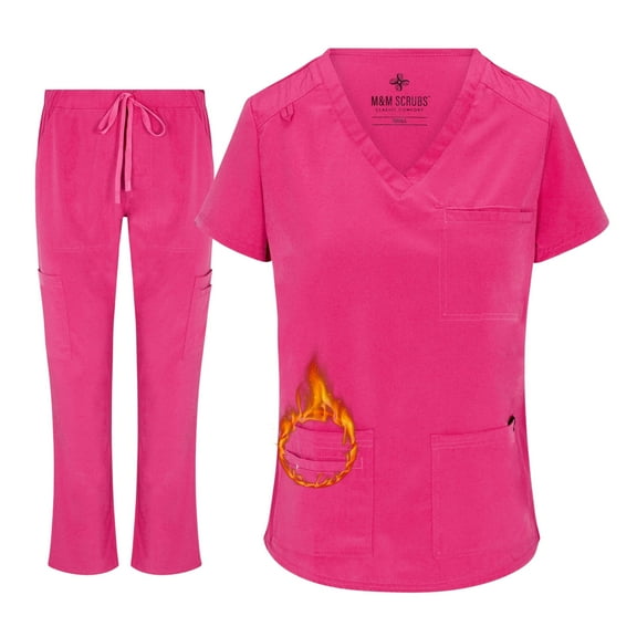 ACTIVE UNIFORMS Women's Stretch Scrub Set 11 Pocket Cargo Medical Scrub Top and Pants (Hot Pink, Medium)
