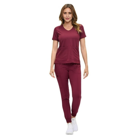 ACTIVE UNIFORMS Women’s Ultra-Soft Luxe Stretch Jogger Scrub Set V-Neck Top & Jogger Pants with Pockets - Regular & Petite Size (Burgundy, X-Large-Petite)