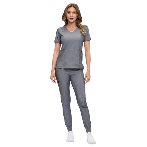 ACTIVE UNIFORMS Women’s Ultra-Soft Luxe Stretch Jogger Scrub Set V-Neck Top & Jogger Pants with Pockets - Regular & Petite Size (Heather Grey, Medium)