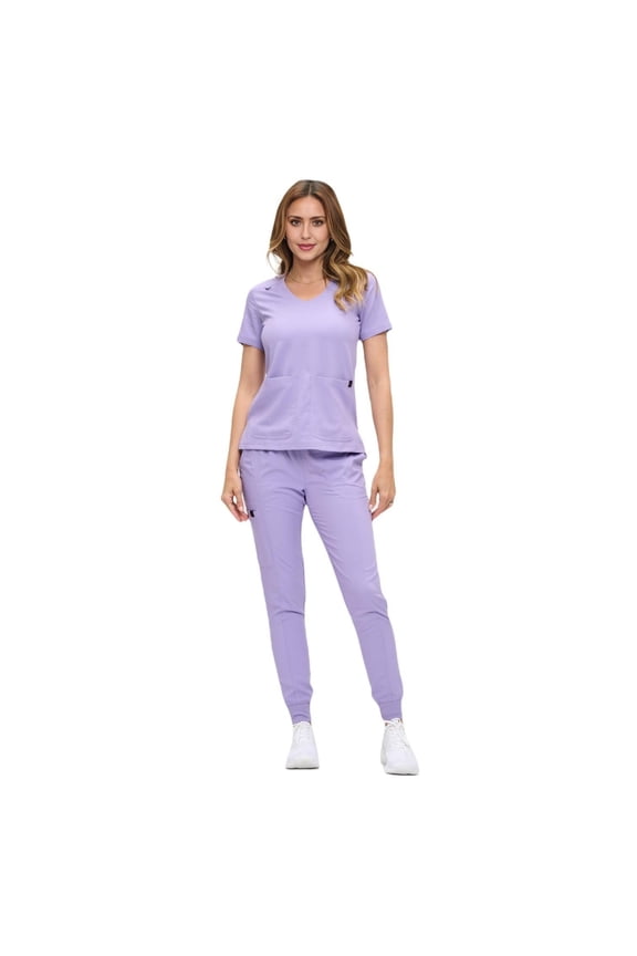 Women’s Ultra-Soft Luxe Stretch Jogger Scrub Set V-Neck Top & Jogger Pants with Pockets - Regular & Petite Size (Lavender, Small-Petite)