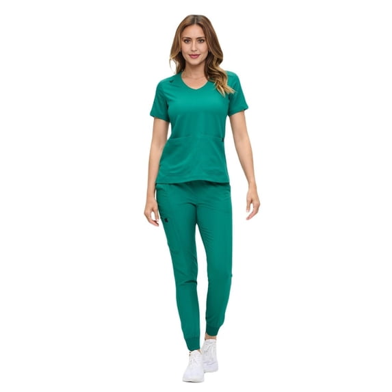 ACTIVE UNIFORMS Women’s Ultra-Soft Luxe Stretch Jogger Scrub Set V-Neck Top & Jogger Pants with Pockets - Regular & Petite Size (True Hunter Green, X-Large)