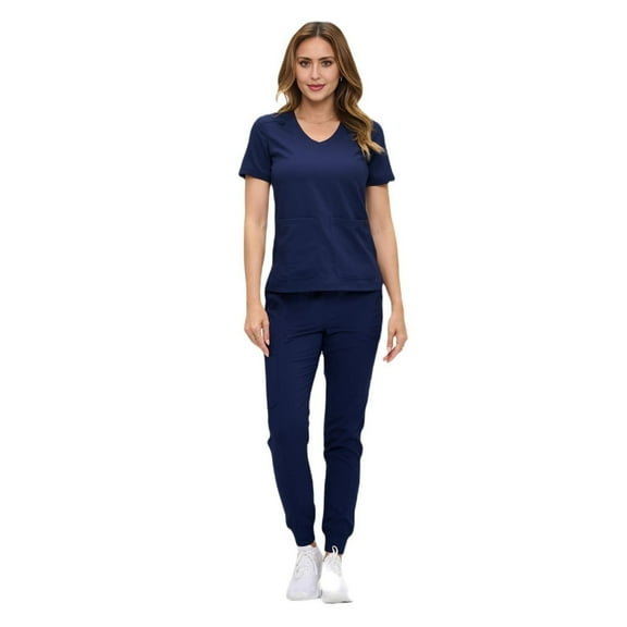 ACTIVE UNIFORMS Women’s Ultra-Soft Luxe Stretch Jogger Scrub Set V-Neck Top & Jogger Pants with Pockets - Regular & Petite Size (True Navy Blue, X-Large)