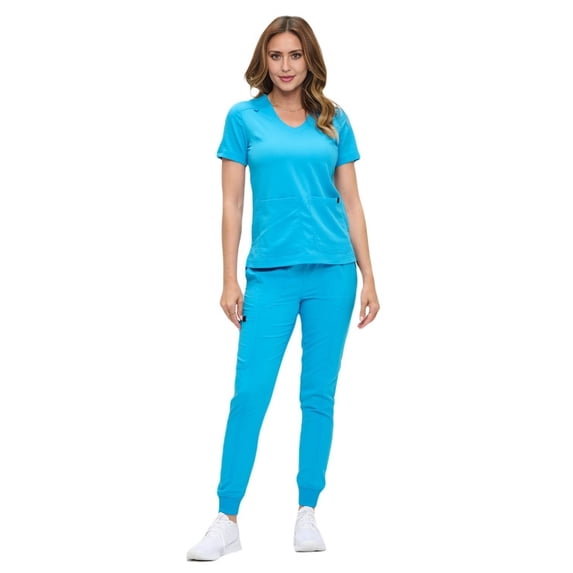 ACTIVE UNIFORMS Women’s Ultra-Soft Luxe Stretch Jogger Scrub Set V-Neck Top & Jogger Pants with Pockets - Regular & Petite Size (Water Blue, X-Small-Petite)