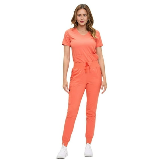 ACTIVE UNIFORMS Women’s Ultra-Soft Luxe Stretch Jogger Scrub Set V-Neck Top & Jogger Pants with Pockets - Regular & Petite Size (Coral, X-Small)
