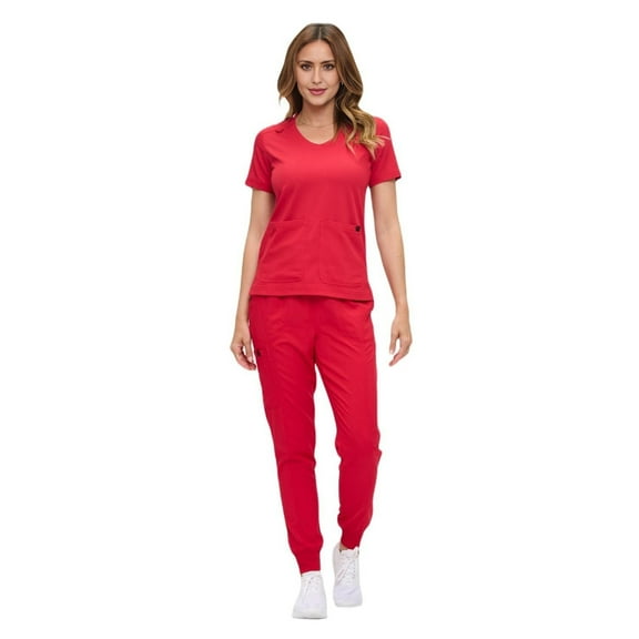 ACTIVE UNIFORMS Women’s Ultra-Soft Luxe Stretch Jogger Scrub Set V-Neck Top & Jogger Pants with Pockets - Regular & Petite Size (Red, X-Small)