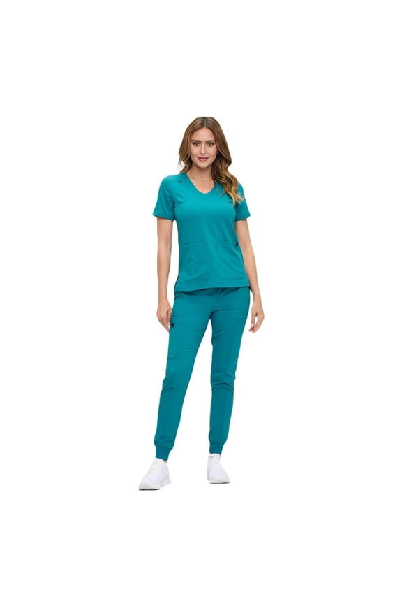 Women’s Ultra-Soft Luxe Stretch Jogger Scrub Set V-Neck Top & Jogger Pants with Pockets - Regular & Petite Size (Teal, Large)