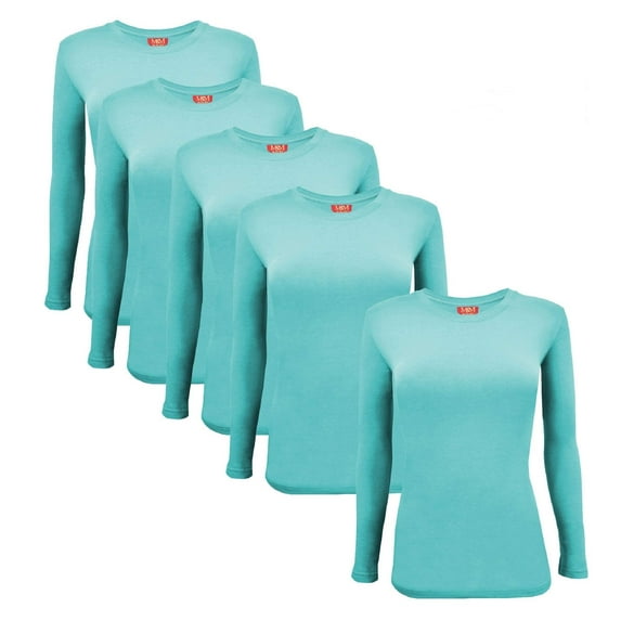 ACTIVE UNIFORMS Women's Under Scrub Tee Crew Neck Long Sleeve T-Shirt 5 - Pack (Aqua Blue, X-Small)
