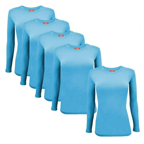 ACTIVE UNIFORMS Women's Under Scrub Tee Crew Neck Long Sleeve T-Shirt 5 - Pack (Water Blue, Medium)