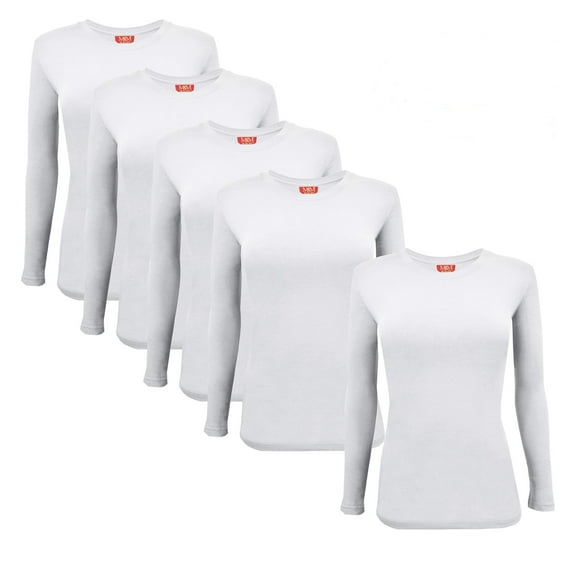 ACTIVE UNIFORMS Women's Under Scrub Tee Crew Neck Long Sleeve T-Shirt 5 - Pack (White, Medium)