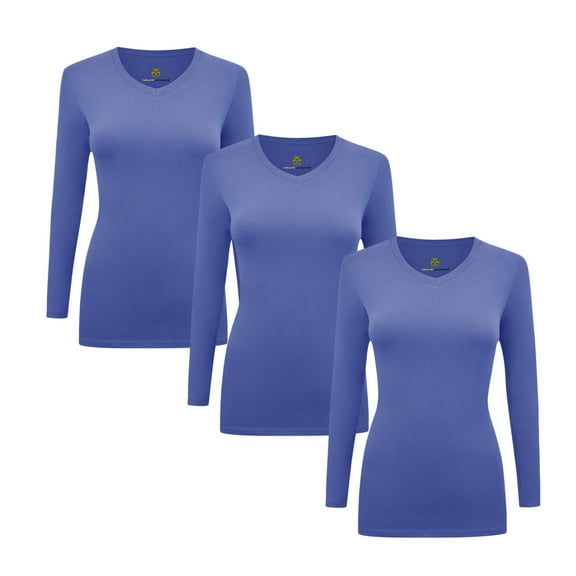 ACTIVE UNIFORMS Women's Under Scrubs Long Sleeve T-Shirt Comfort V-Neck Medical Underscrub Tee - 3 Pack (Ceil Blue, XX-Small)