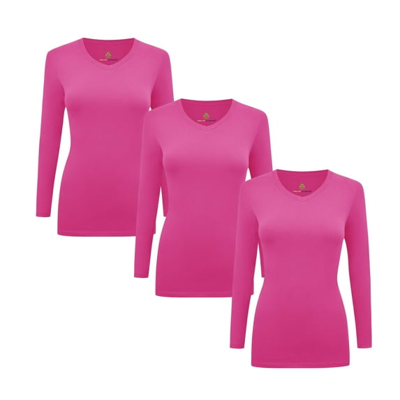 ACTIVE UNIFORMS Women's Under Scrubs Long Sleeve T-Shirt Comfort V-Neck Medical Underscrub Tee - 3 Pack (Hot Pink, X-Large)