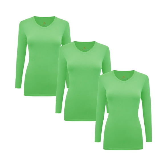 ACTIVE UNIFORMS Women's Under Scrubs Long Sleeve T-Shirt Comfort V-Neck Medical Underscrub Tee - 3 Pack (Lime Green, Large)