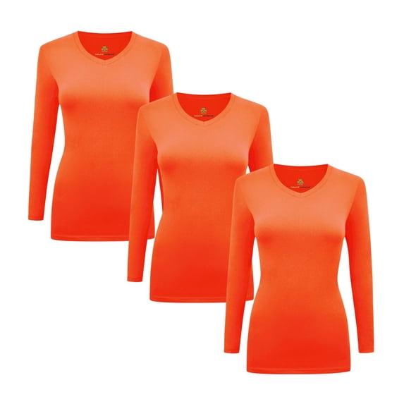 ACTIVE UNIFORMS Women's Under Scrubs Long Sleeve T-Shirt Comfort V-Neck Medical Underscrub Tee - 3 Pack (Orange, X-Small)