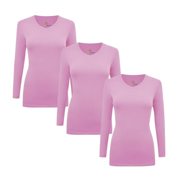 ACTIVE UNIFORMS Women's Under Scrubs Long Sleeve T-Shirt Comfort V-Neck Medical Underscrub Tee - 3 Pack (Pink, Small)