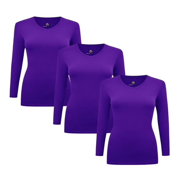 ACTIVE UNIFORMS Women's Under Scrubs Long Sleeve T-Shirt Comfort V-Neck Medical Underscrub Tee - 3 Pack (Purple, XX-Small)