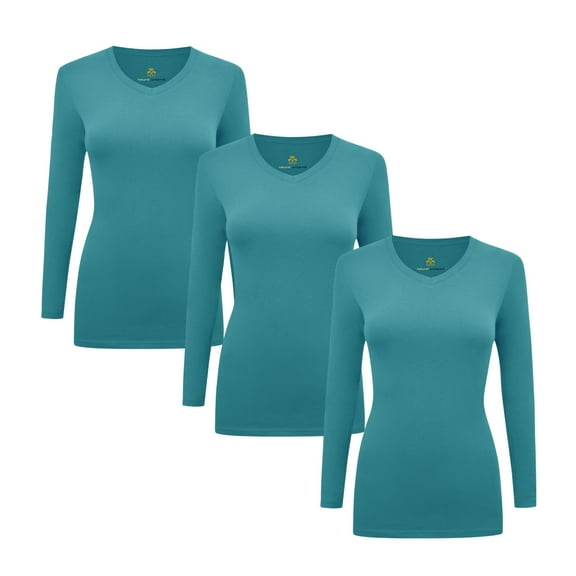 ACTIVE UNIFORMS Women's Under Scrubs Long Sleeve T-Shirt Comfort V-Neck Medical Underscrub Tee - 3 Pack (Teal, Small)