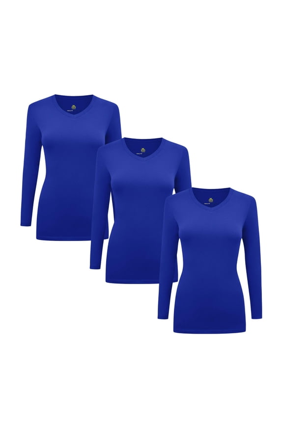 Women's Under Scrubs Long Sleeve T-Shirt Comfort V-Neck Medical Underscrub Tee - 3 Pack (True Royal Blue, 3X-Large)