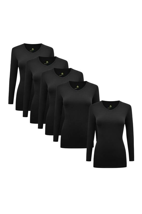 Women's Under Scrubs Long Sleeve T-Shirt V-Neck Medical Underscrub Tee -Super Soft and Stretchy - 5 Pack (Black, XX-Large)