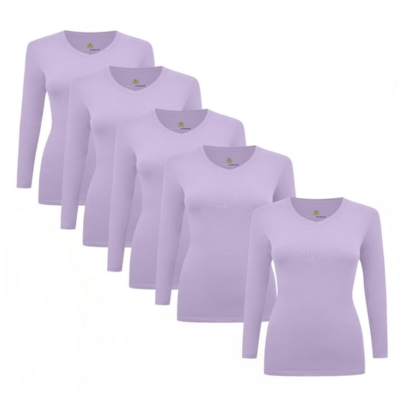 ACTIVE UNIFORMS Women's Under Scrubs Long Sleeve T-Shirt V-Neck Medical Underscrub Tee -Super Soft and Stretchy - 5 Pack (Lavender, XX-Small)