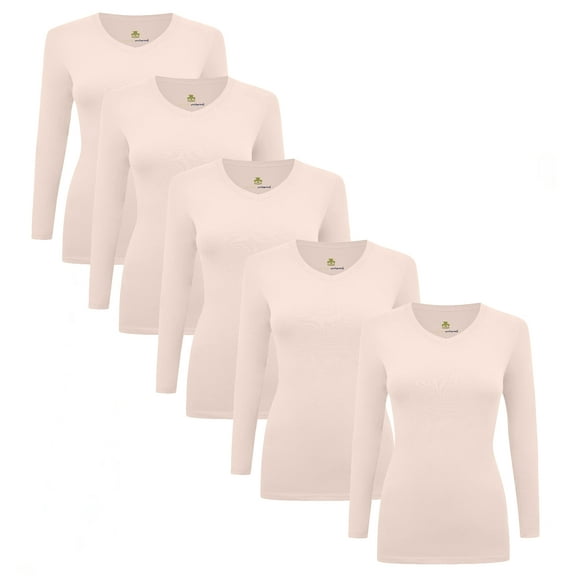 ACTIVE UNIFORMS Women's Under Scrubs Long Sleeve T-Shirt V-Neck Medical Underscrub Tee -Super Soft and Stretchy - 5 Pack (Nude, Large)