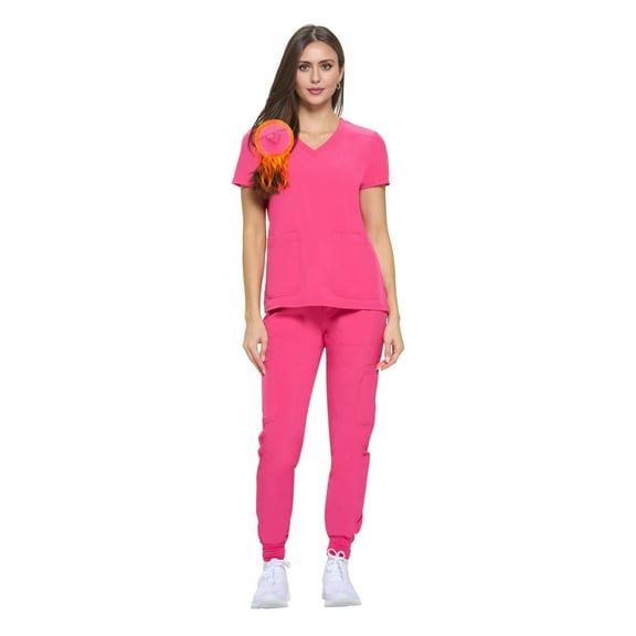 ACTIVE UNIFORMS Womens Essential Cool Stretch Jogger Scrub Set (Hot Pink, Small)