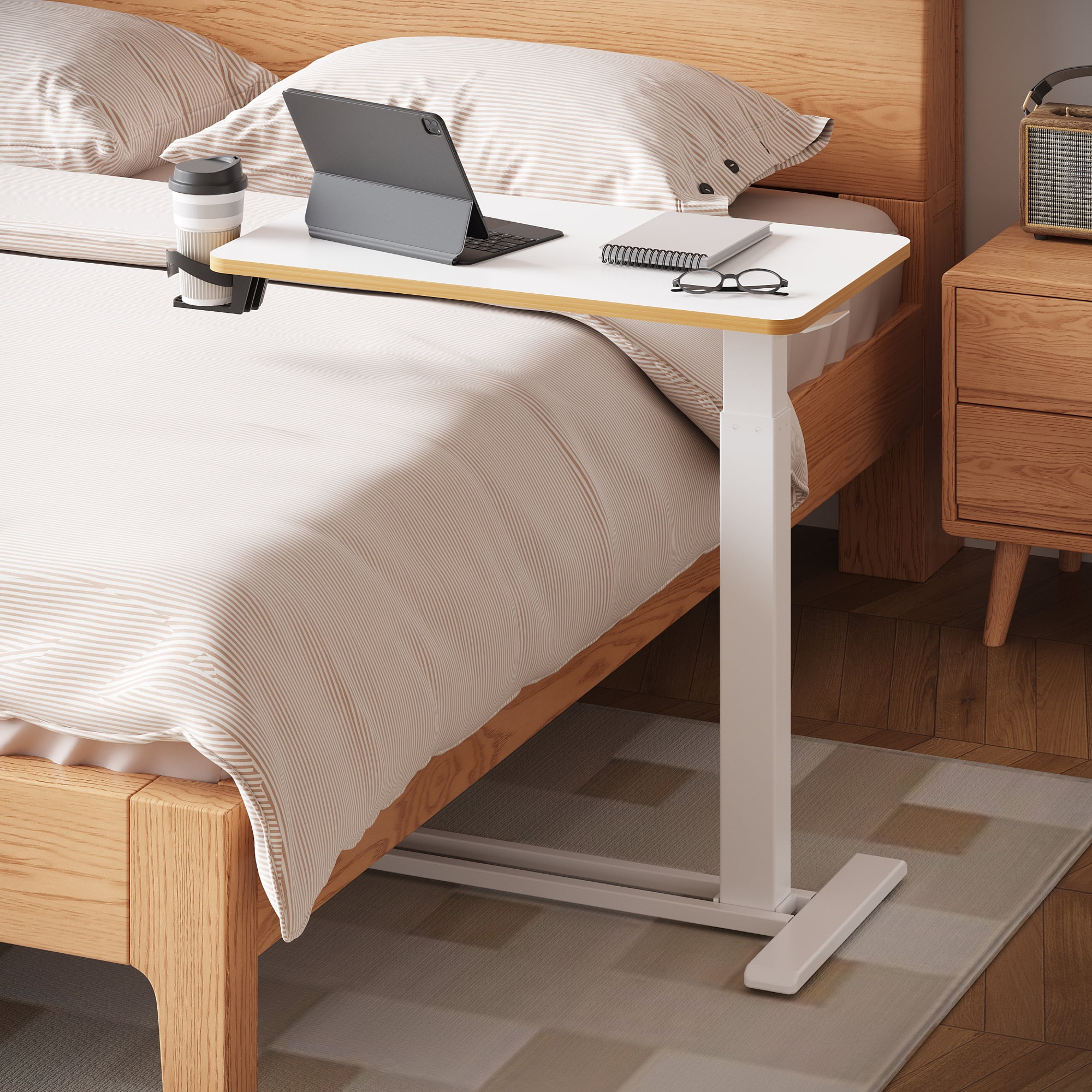 ACTIVESIT White 28 x16 Adjustable Overbed Bedside Table with Wheels Laptop Table Standing Computer Desk Portable Stand up Work Station Cart Tray Side