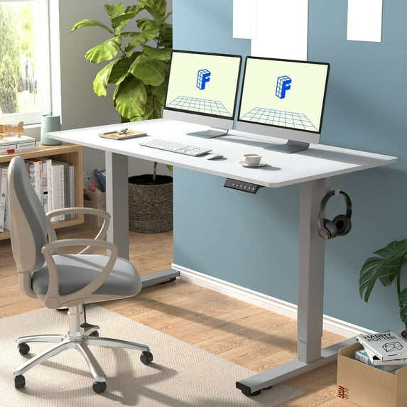 FLEXISPOT 55"x28" Home Office Height Adjustable Standing Desk with Hooks, Ergonomic Electric 2-Stage Stand Up Computer Desk, Gray and White