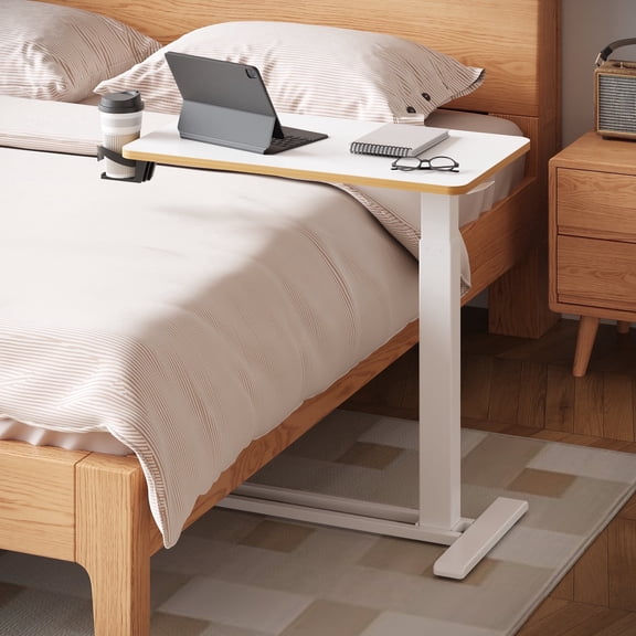 ACTIVESIT White 28"x16" Adjustable Overbed Bedside Table with Wheels Laptop Table Standing Computer Desk Portable Stand-up Work Station Cart Tray Side Table for Sofa and Bed
