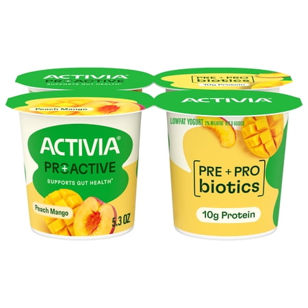 Activia Proactive Peach Mango Prebiotic and Probiotic Yogurt Cups, 5.3 oz, 4 Count