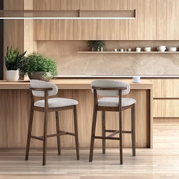 ACTU 30 " Mid-Century Bar Stools Set of 2, Boucle Upholstered Kitchen Island Bar Height Stool, Walnut