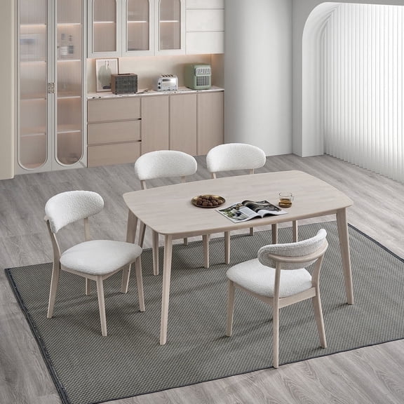 ACTU 5Pcs Wooden Dining Table Set with Upholstered Chairs, White Wash Color