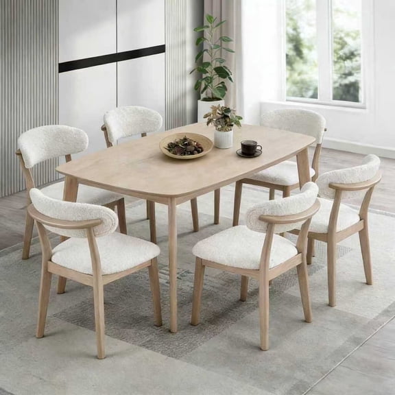 ACTU 7Pcs Wooden Dining Table Set with Upholstered Chairs, White Wash Color