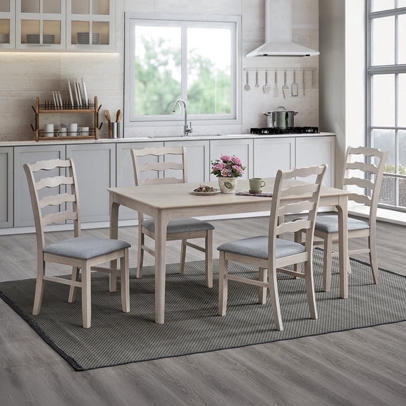 ACTU Modern 4-Piece Rectangular Wood Dining Table Set with Upholstered Ladder Back Chairs, White Washed