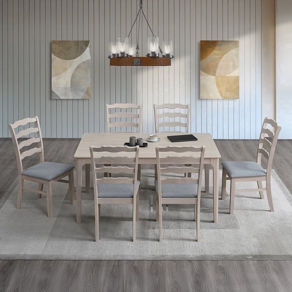 ACTU 7-Piece Mid-Century Wood Fabric Upholstered Ladder Back Dining Table with Chair, White Wash