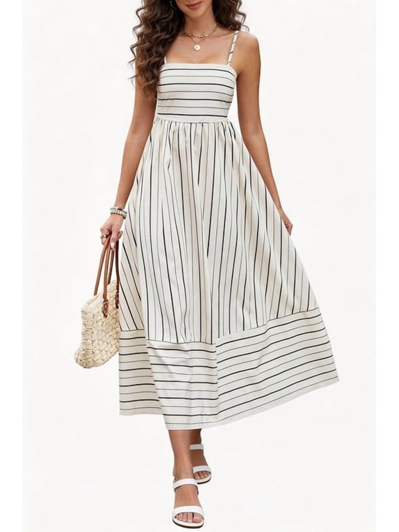 Women's Summer Striped Spaghetti Strap Maxi Dress Boho Smocked Beach Sundress, Apricot