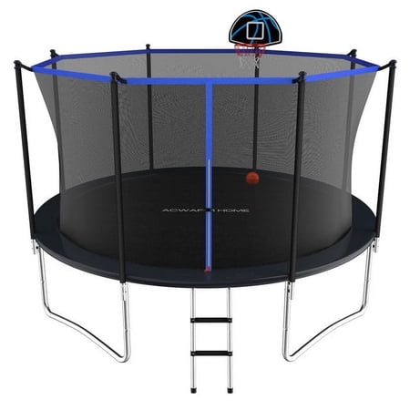 ACWARM HOME 12FT Outdoor Trampolines with Safety Enclosure and Basketball Hoop, Black Trampoline with Net for Kids