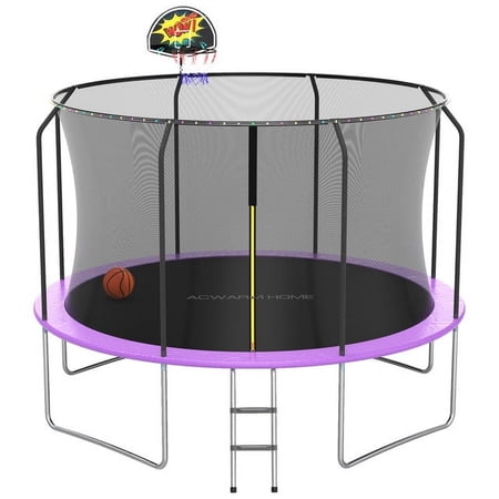 ACWARM HOME 12FT Purple Outdoor Trampoline with Basketball Hoop, Trampoline for kids