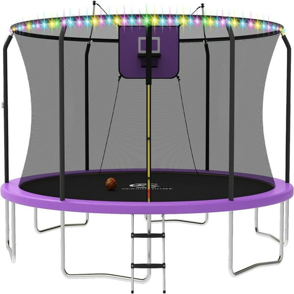 ACWARM HOME 14FT Trampoline with Enclosure Net,Basketball Hoop,Ladder, Light,Outdoor Heavy Duty Round,Purple