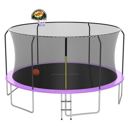 ACWARM HOME 16FT Purple Trampoline with Ladder and Basketball Hoop, Backyard Trampoline for Kids, Outdoor Trampoline with Net