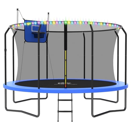 ACWARM HOME 2025 NewTrampoline 12FT Premium Blue Trampoline with Basketball Hoop and LED Lights Recreational Trampolines for Kids and Adults with Net and Ladder