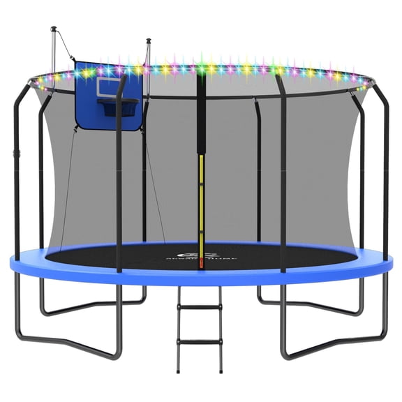 ACWARM HOME 2025 NewTrampoline 12FT Premium Blue Trampoline with Basketball Hoop and LED Lights Recreational Trampolines for Kids and Adults with Net and Ladder