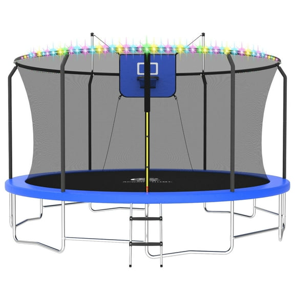 ACWARM HOME 2025 NewTrampoline 16FT Premium Blue Trampoline with Basketball Hoop and LED Lights Recreational Trampolines for Kids and Adults with Net and Ladder