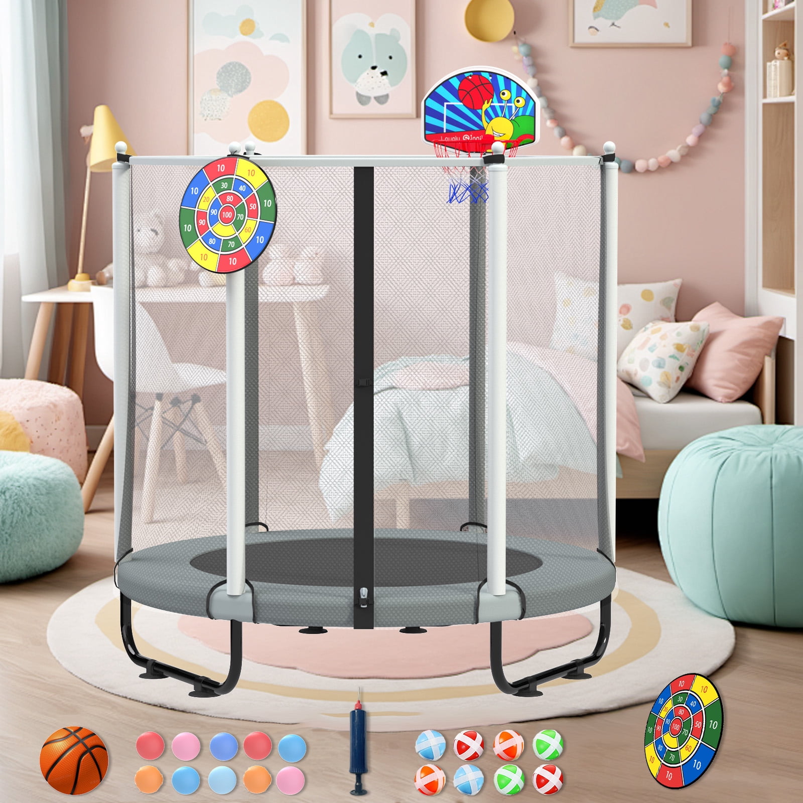 ACWARM HOME 5FT Toddler Trampoline For Kids 60" Mini Size Indoor&Outdoor With Safety Net Gift for Boys & Girls 440Lbs,Gray