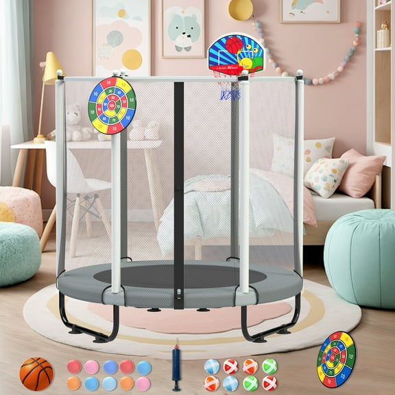 ACWARM HOME 5FT Toddler Trampoline For Kids 60" Mini Size Indoor&Outdoor With Safety Net Gift for Boys & Girls 440Lbs,Gray