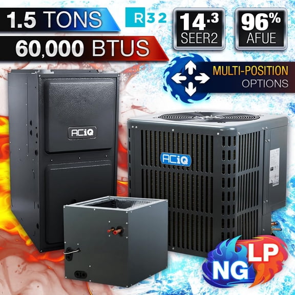 ACiQ 1.5 Ton 14.5 SEER2 Central Air Conditioner with Coil (17.5" Width) & 60K BTU 96% Natural Gas Furnace Split System | Upflow/Horizontal R32 Single Stage HVAC Unit