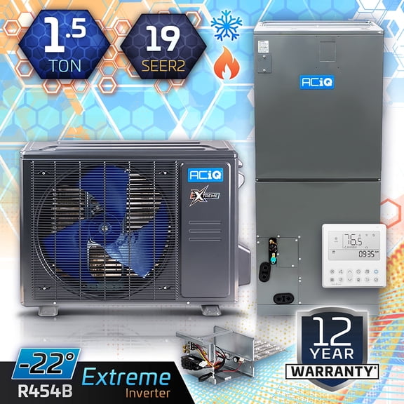 ACiQ 18,000 BTU Extreme Heat Unitary Mini Split AC/Heating System | 10kW Backup Heat Kit and Free Thermostat | High Efficiency Condenser & Air Handler | HVAC Systems R-454B Refrigerant